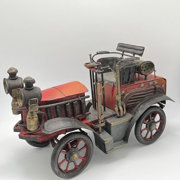 Vintage Fire Engine Truck Tractor Red Tin Metal Model Decor Collectible Old - Picture 1 of 12